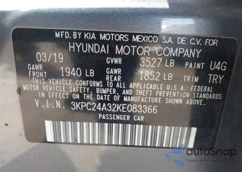 2019 Hyundai Accent Se z USA, uszkodzony, nr VIN 3KPC24A32KE083366